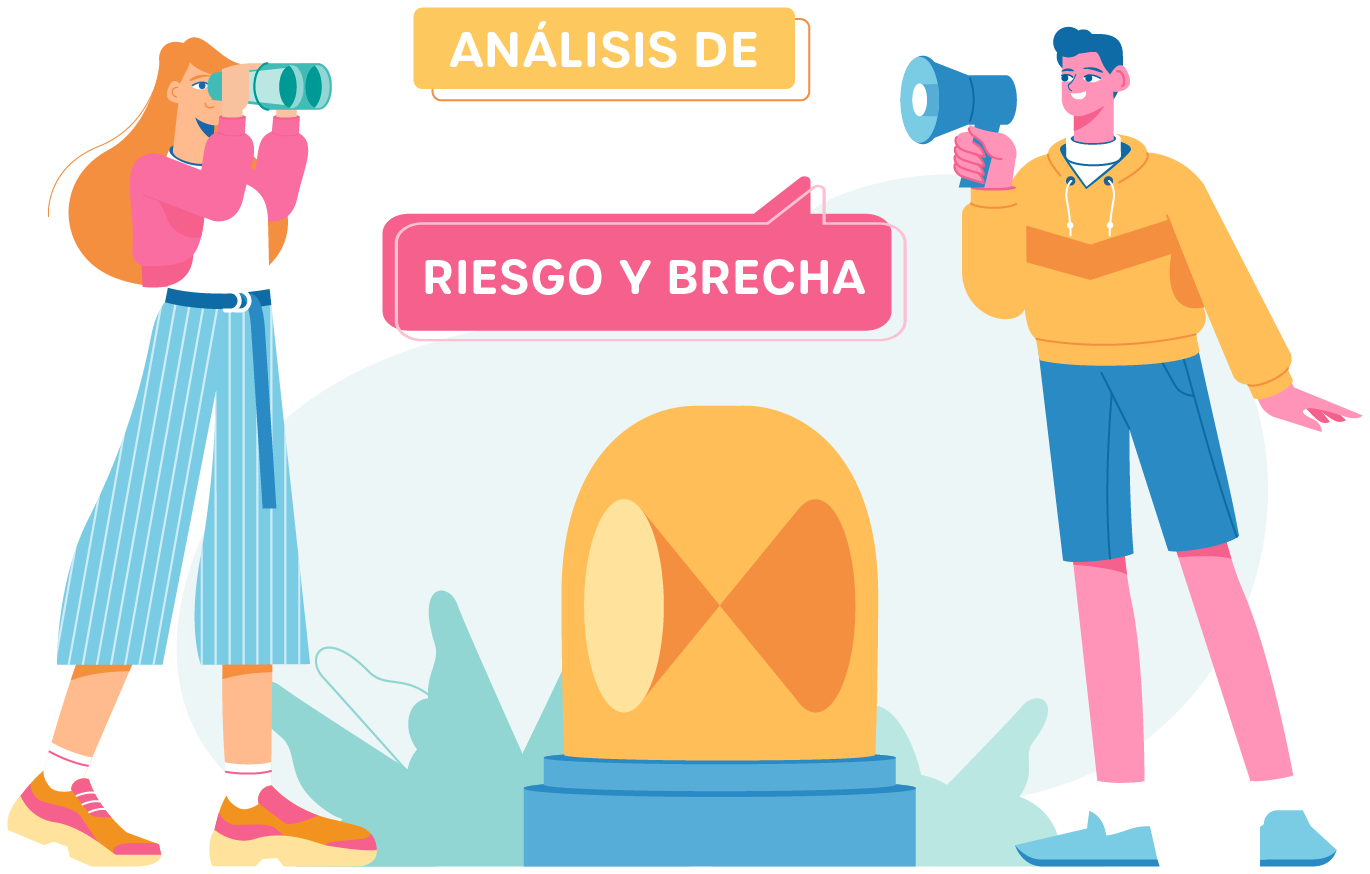 Gráfico de hombre hablando por un altavoz mientras mujer mira a través de unos prismáticos