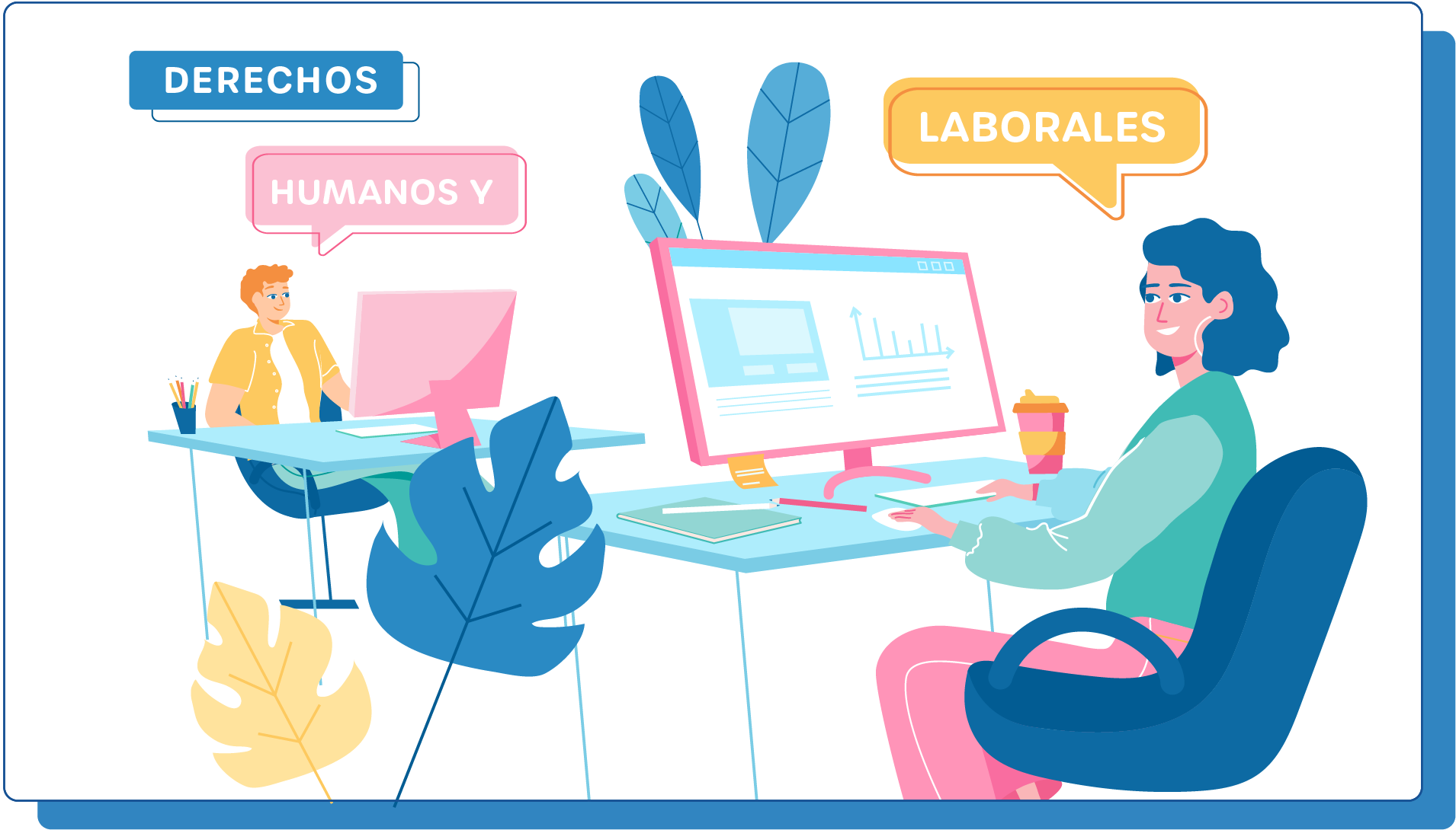 Gráficos de personas sentadas frente a sus computadoras, tomando café.